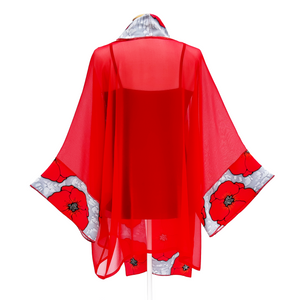 Sheer red silk kimono jacket for women hand painted red poppy flower art design handmade by Lynne Kiel
