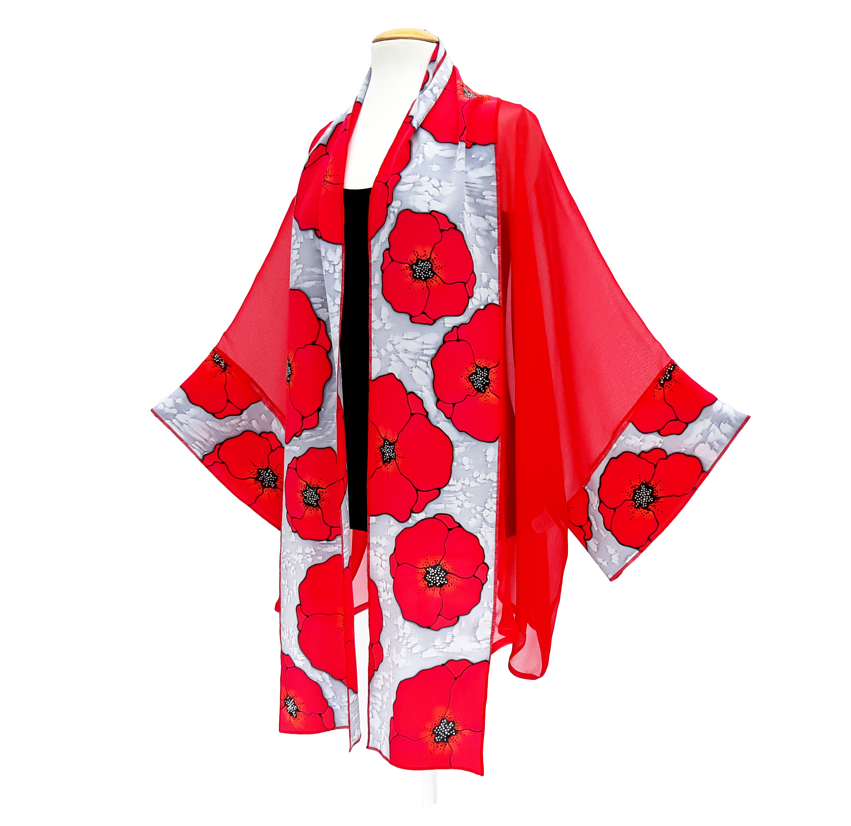 silk clothing ones size kimono jacket hand painted red poppy flower art design handmade by Lynne Kiel