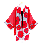 Load image into Gallery viewer, Red kimono hand painted silk poppy flower design made in Canada handmade by Lynne Kiel

