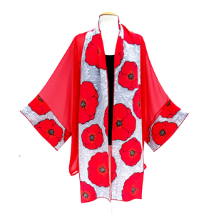 Red kimono hand painted silk poppy flower design made in Canada handmade by Lynne Kiel