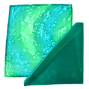 Green satin and lime green painted silk pocket square 2 piece set for men made by Lynne Kiel