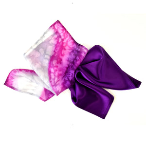 Purple satin and pink silver painted silk pocket square set for men handmade by Lynne Kiel