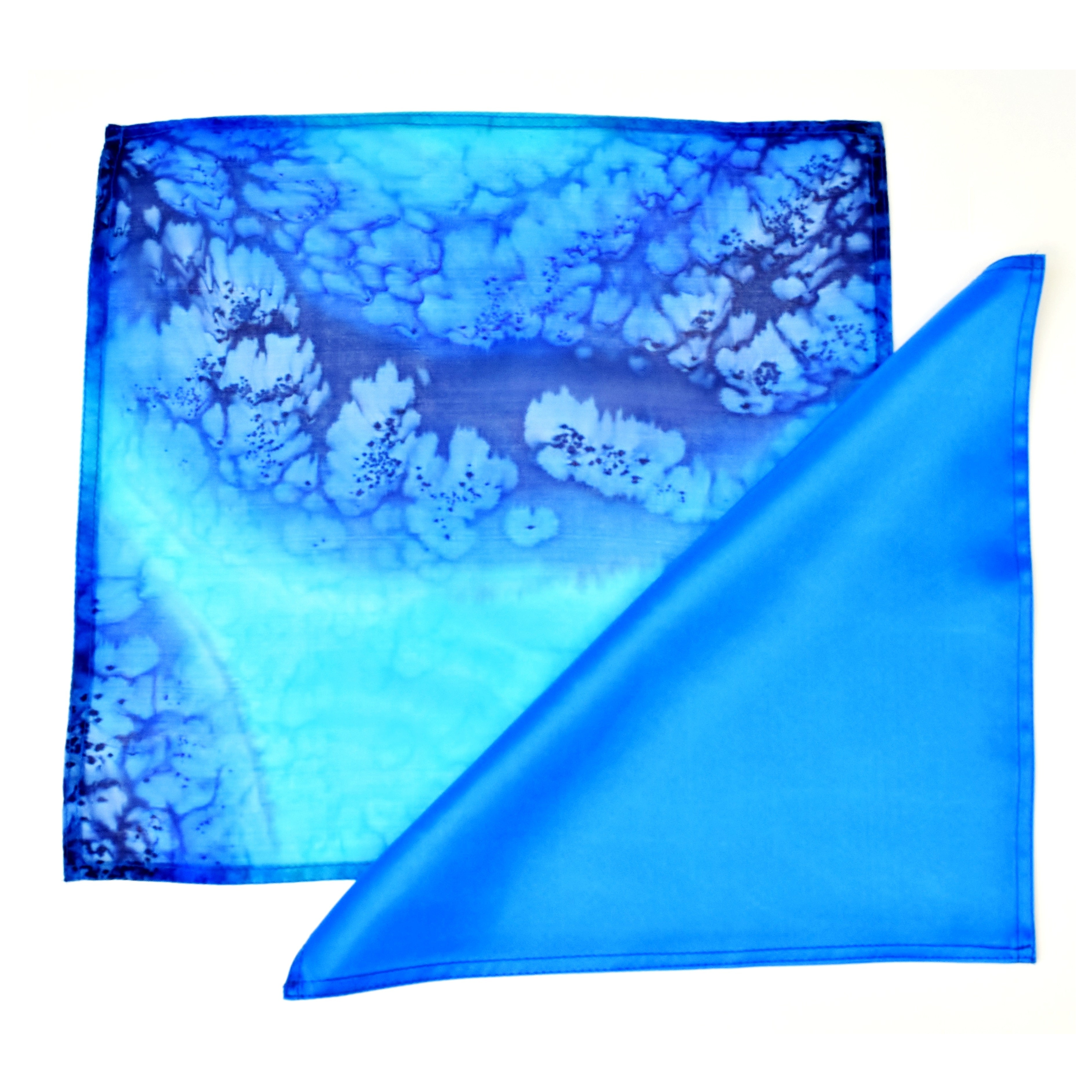 Blue satin and turquoise painted silk pocket square set for Men's fashion handmade by Lynne Kiel