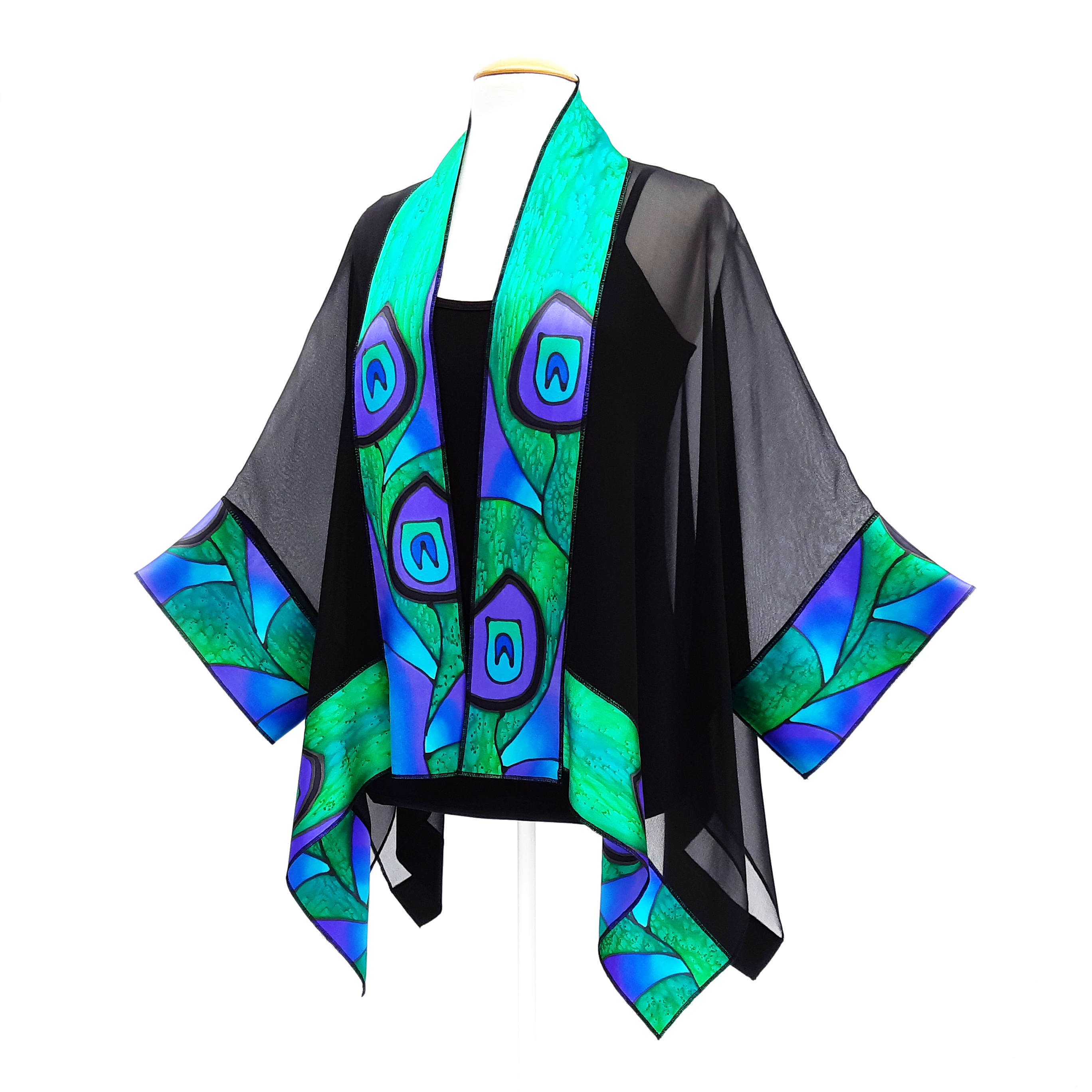 pure silk shawl Kimono style hand painted green purple peacock feather made in Canada By  Lynne KielL