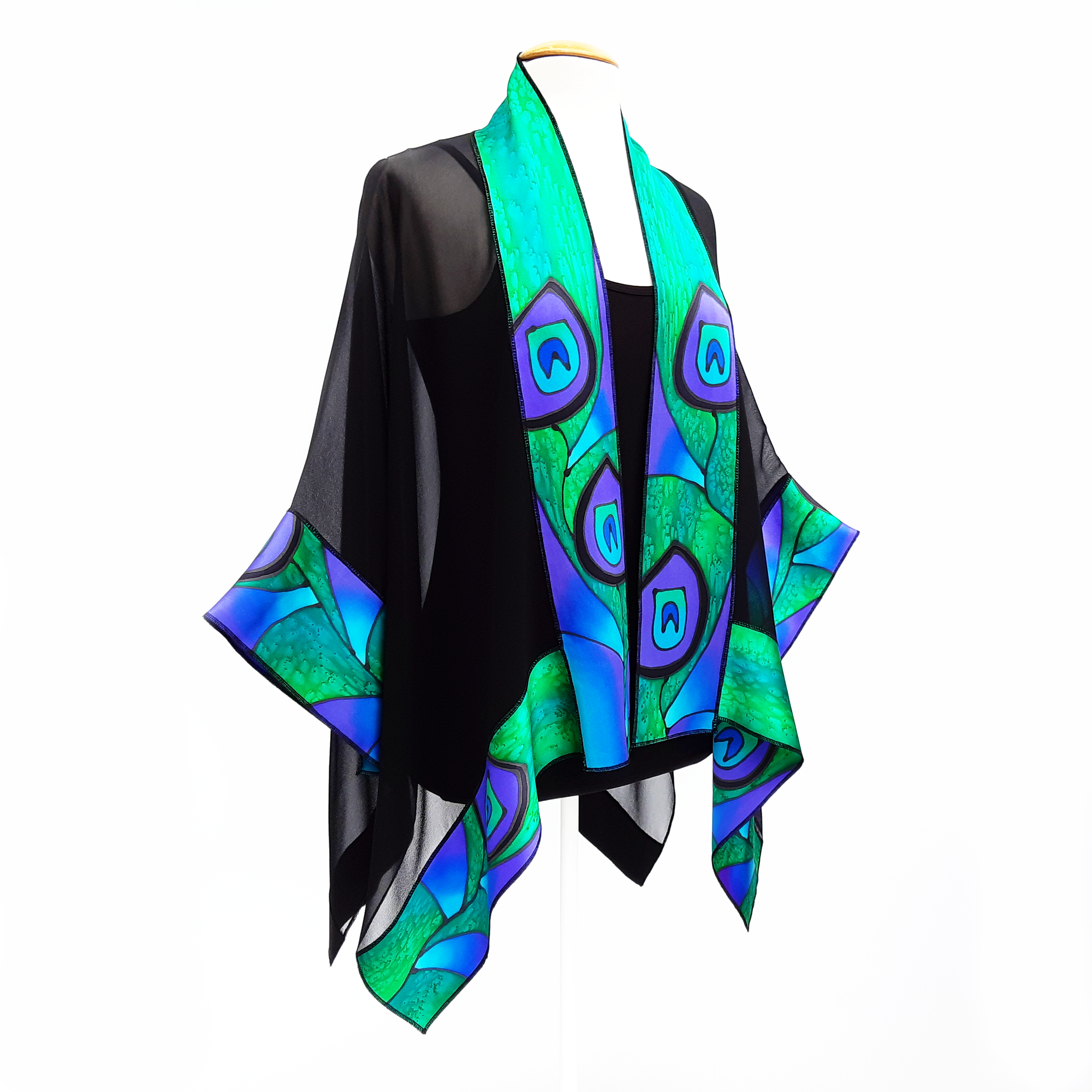 Green purple peacock feather design art hand painted silk kimono shawl made by Lynne Kiel