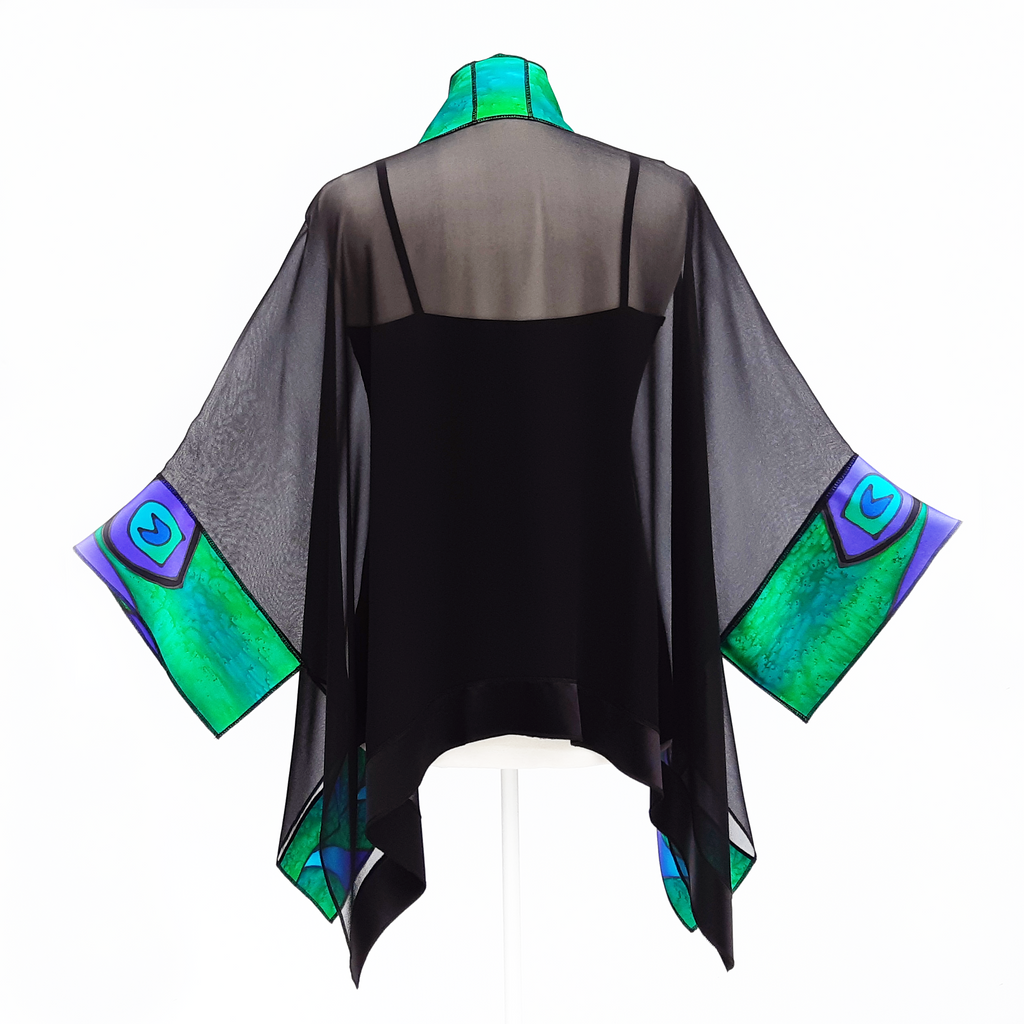 Ladies one size kimono shawl green peacock feather on black pure silk handmade by Lynne Kiel