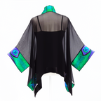 Ladies one size kimono shawl green peacock feather on black pure silk handmade by Lynne Kiel