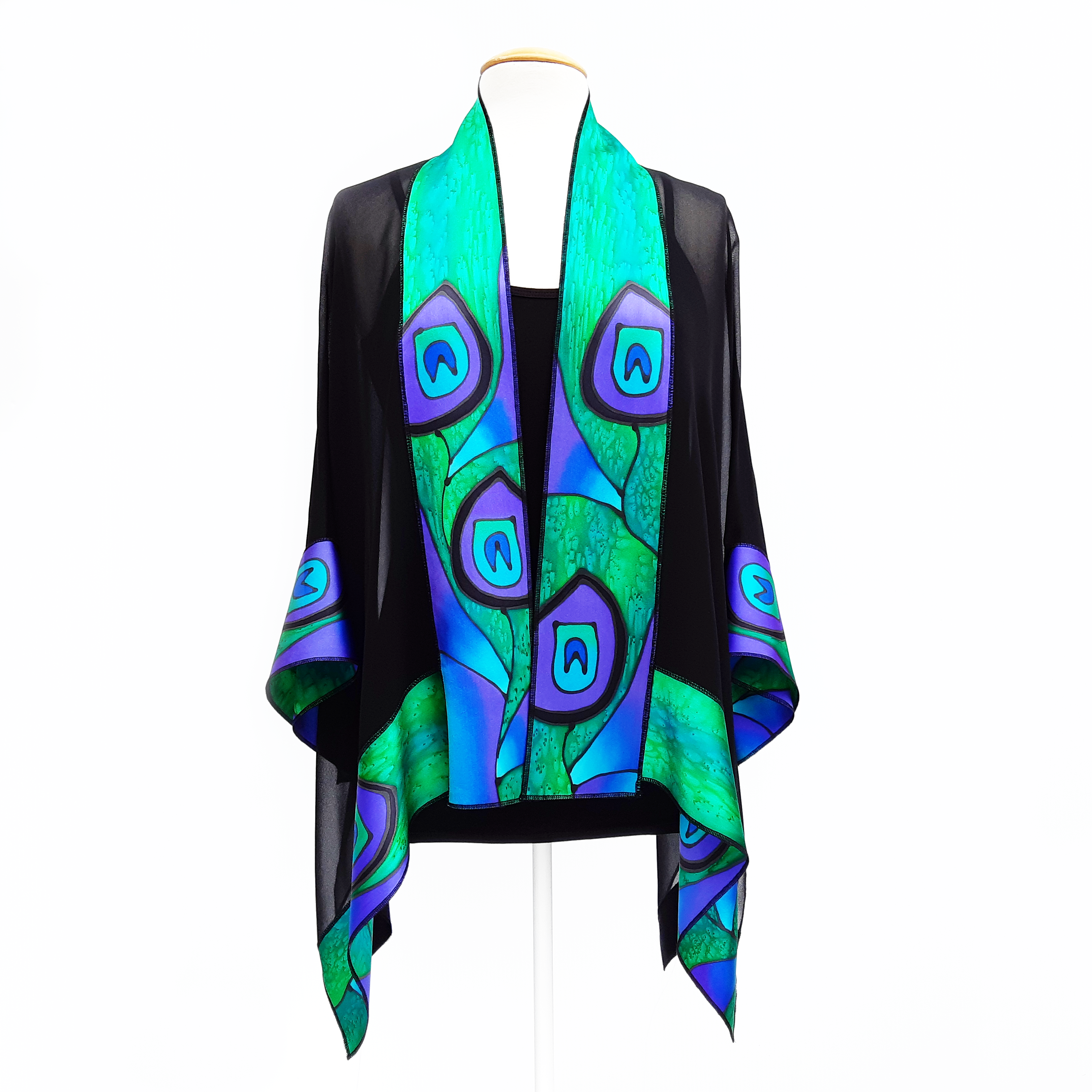 women's one size fashion hand painted silk shawl black green purple handmade by Lynne Kiel