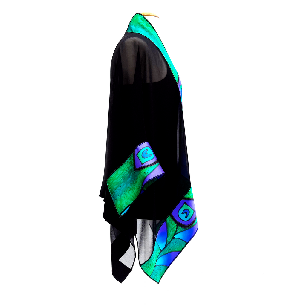 black silk shawl hand painted peacock feather art design made in Canada by Artist Lynne Kiel