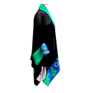 black silk shawl hand painted peacock feather art design made in Canada by Artist Lynne Kiel