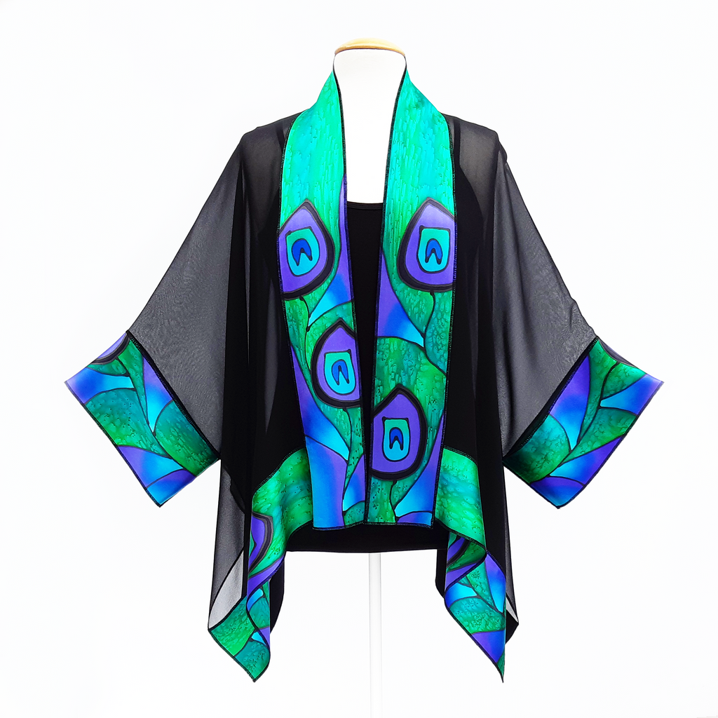 Ladies Shawl hand painted silk green peacock feather design art handmade by Lynne Kiel