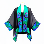 Load image into Gallery viewer, Ladies Shawl hand painted silk green peacock feather design art handmade by Lynne Kiel
