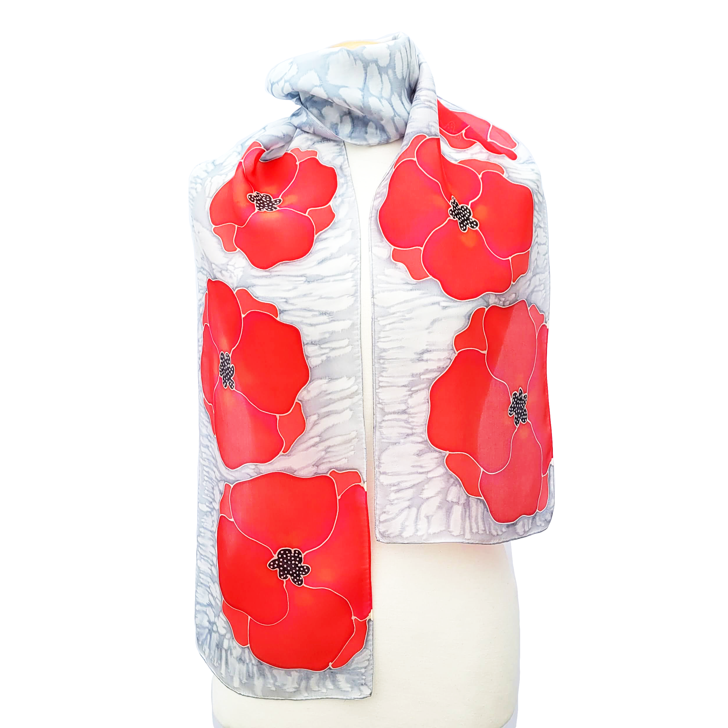 silk scarf hand painted red poppies on silver colors hand made by Lynne Kiel