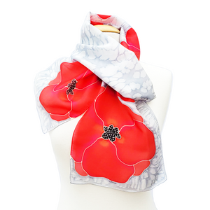 red silk scarf hand painted red poppy flowers handmade by Lynne Kiel