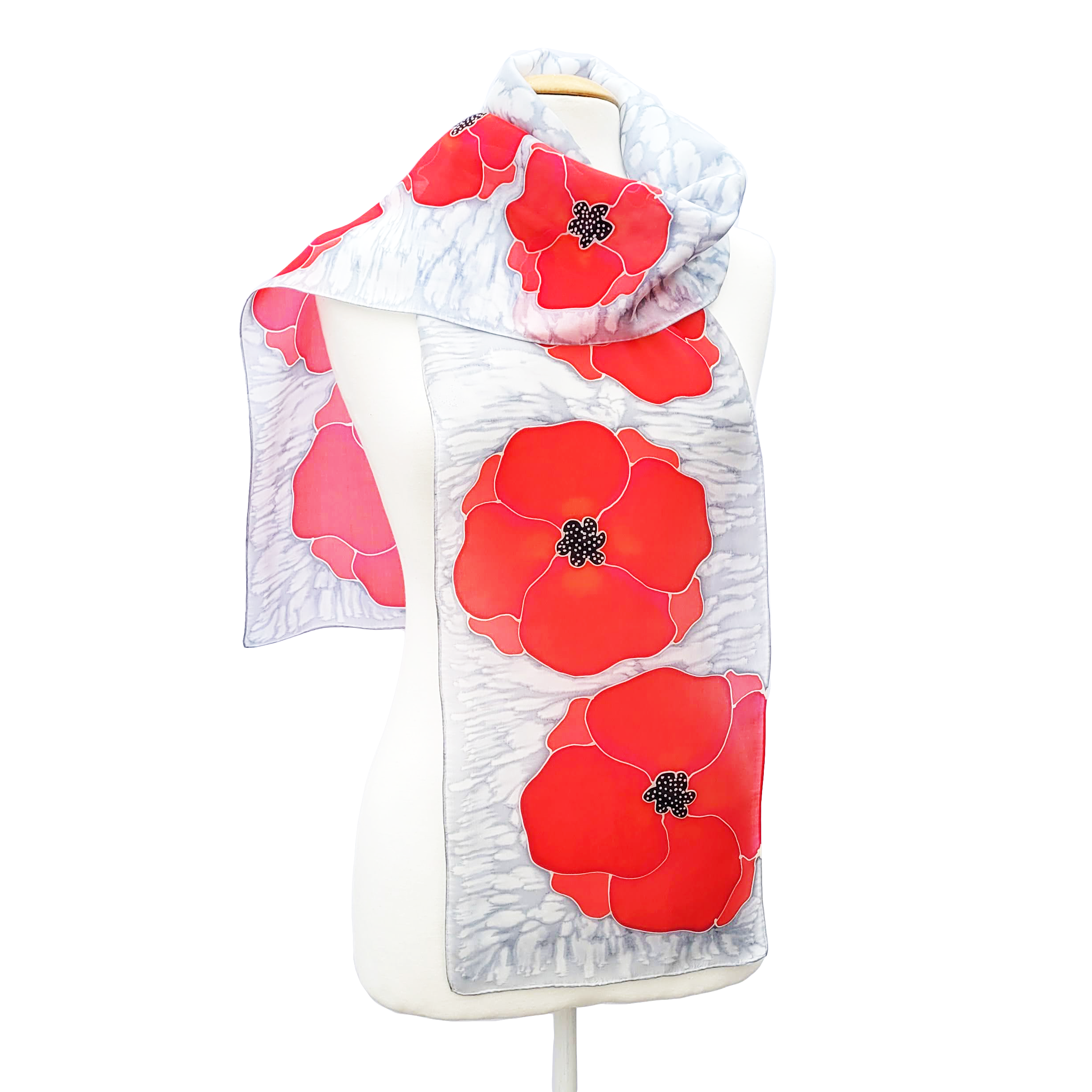 silk clothing accessory hand painted silk scarf red poppy design art handmade by Lynne Kiel