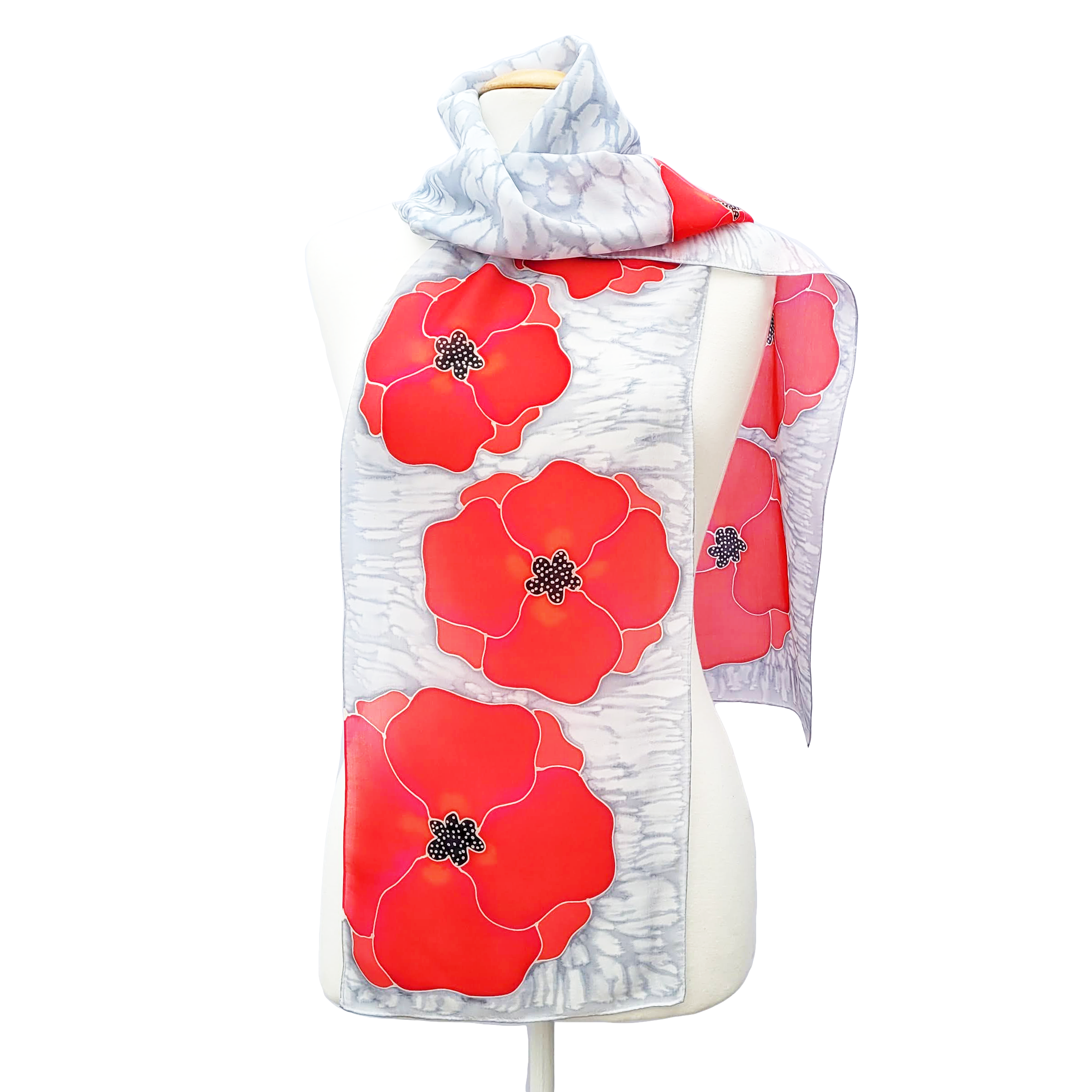 remembrance day red poppies hand painted silk scarf made in Canada by Lynne Kiel