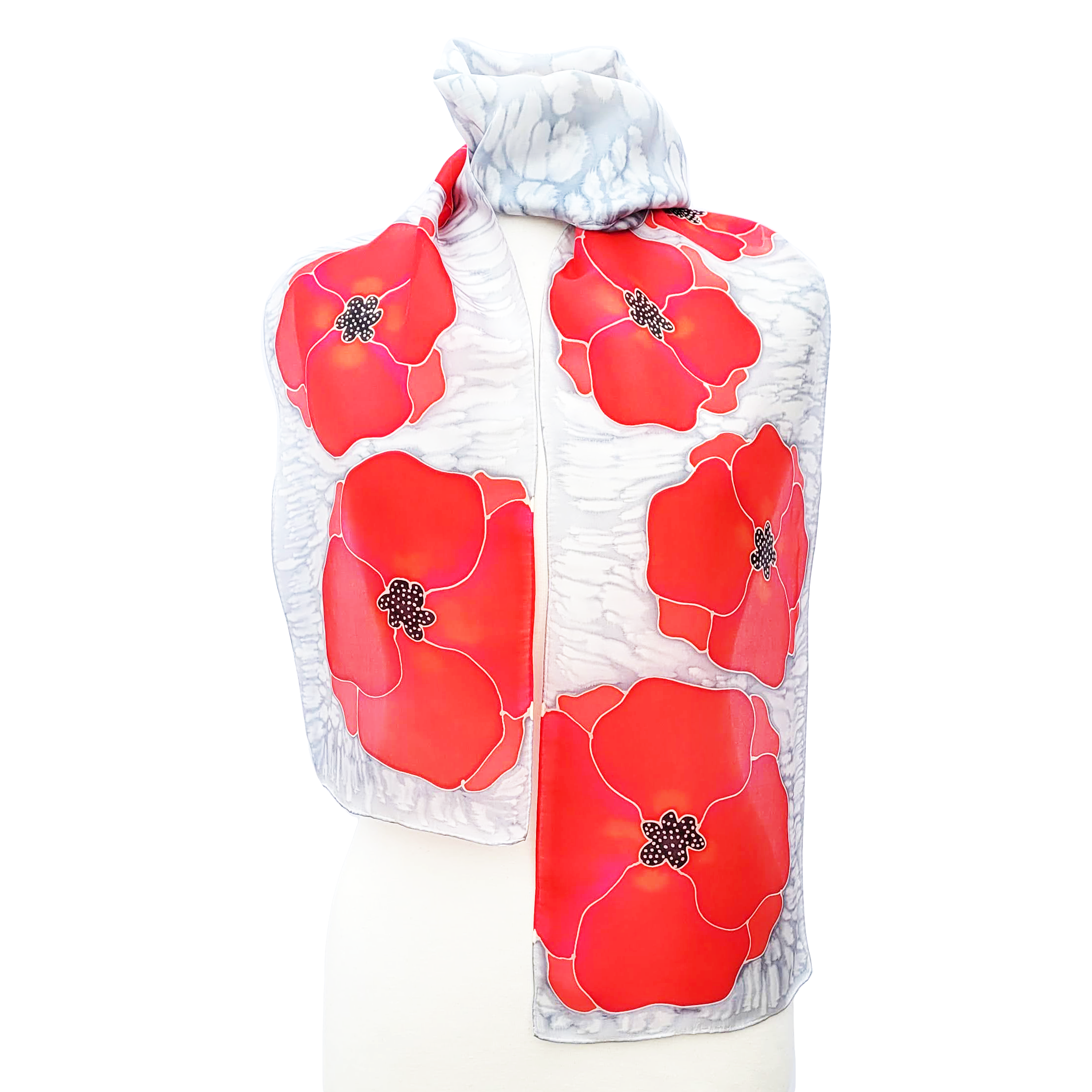long silk scarf hand painted red poppies for Remembrance Day handmade by Lynne Kiel