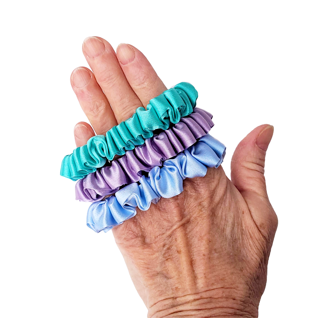 Pure silk hair accessory skinny scrunchies made in Canada by Lynne Kiel