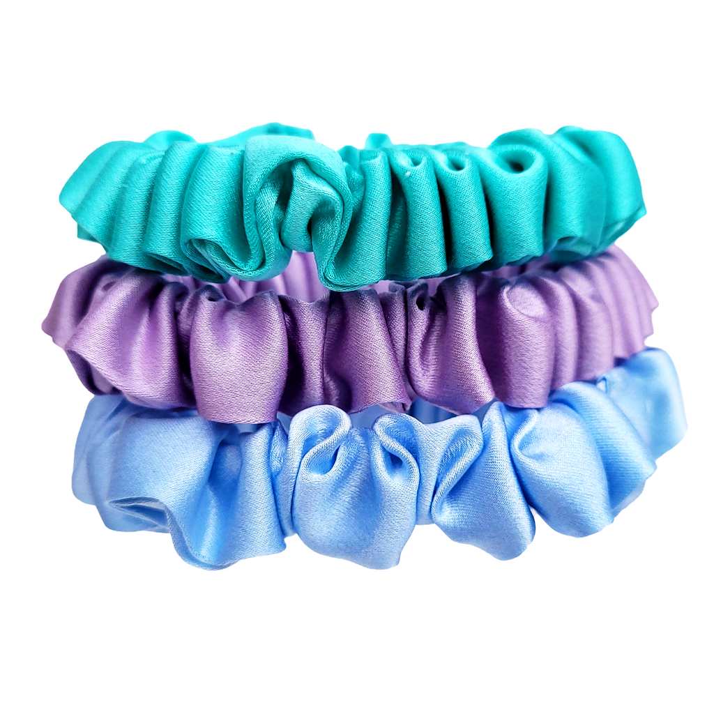 Silk skinny scrunchie hair tie mauve green blue handmade by Lynne Kiel