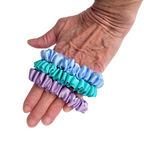 Skinny scrunchies 3 piece set pure silk pastel blue mint green lavender purple made in Canada by Lynne Kiel