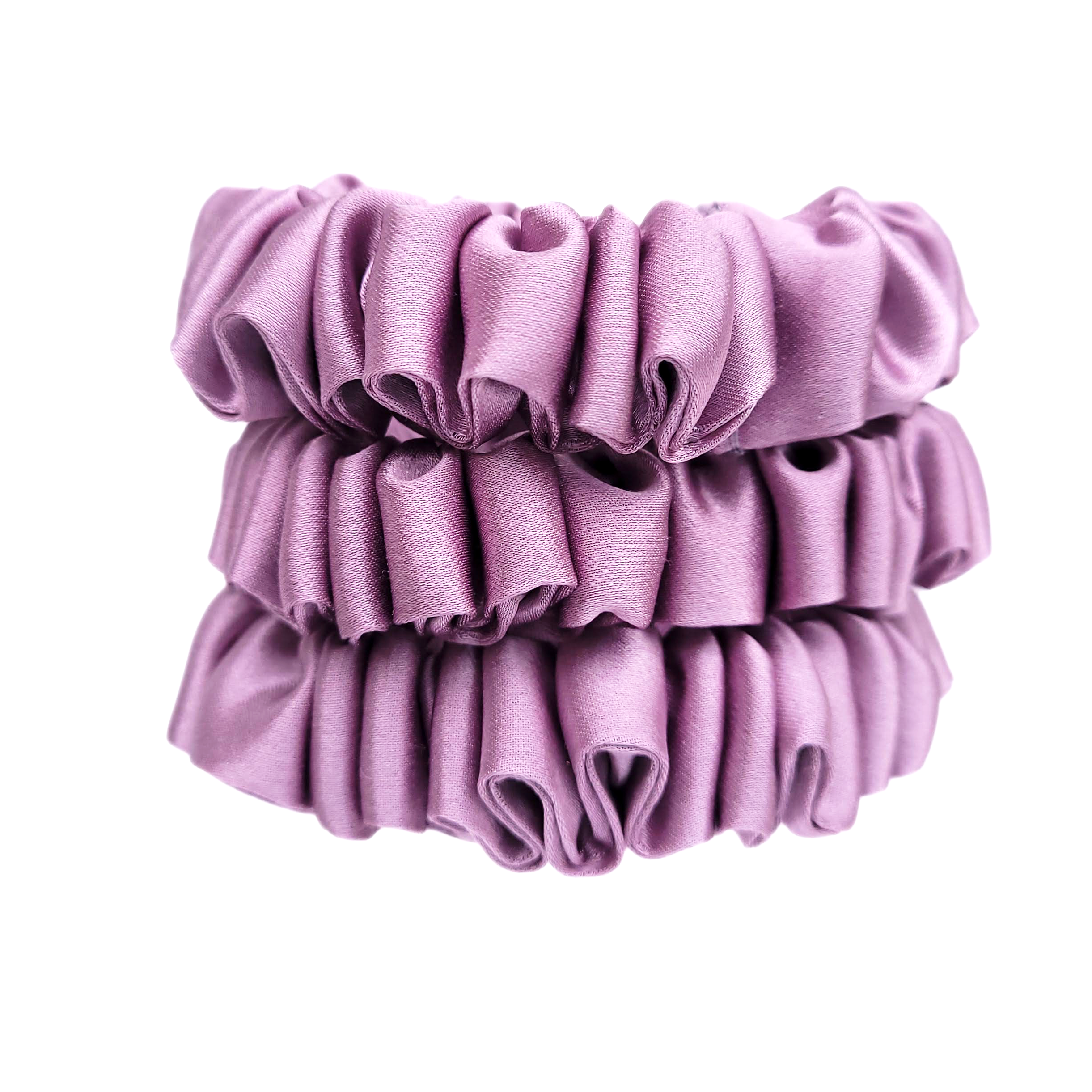 dusty rose mauve color silk scrunchies skinny size handmade in Canada by Lynne Kiel