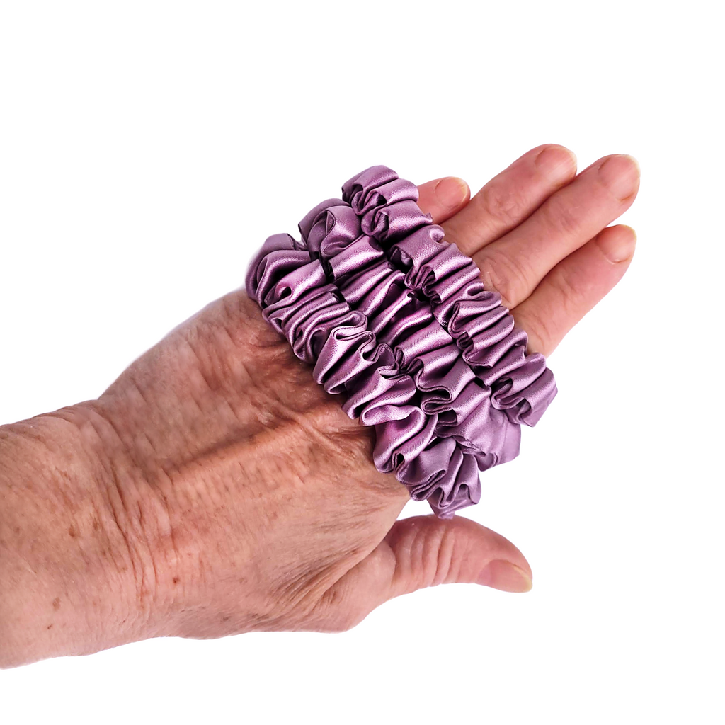 dusty pink pure silk skinny scrunchie hair tie ponytail holders handmade by Lynne Kiel