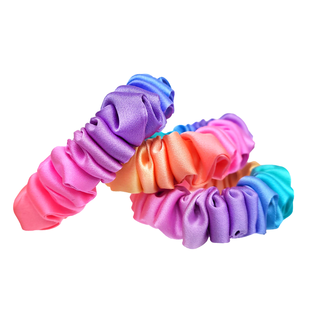 skinny scrunchies ponytail holder hair ties rainbow color silk satin handmade in Canada by Lynne Kiel