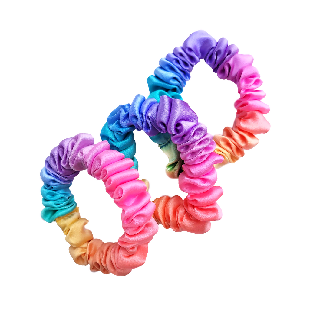 rainblow price color silk skinny scrunchies ponytail holder hair ties handmade by Lynne Kiel