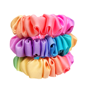 skinny scrunchie pony tail holder hair tie hand dyed rainbow color pure silk satin handmade by Lynne Kiel