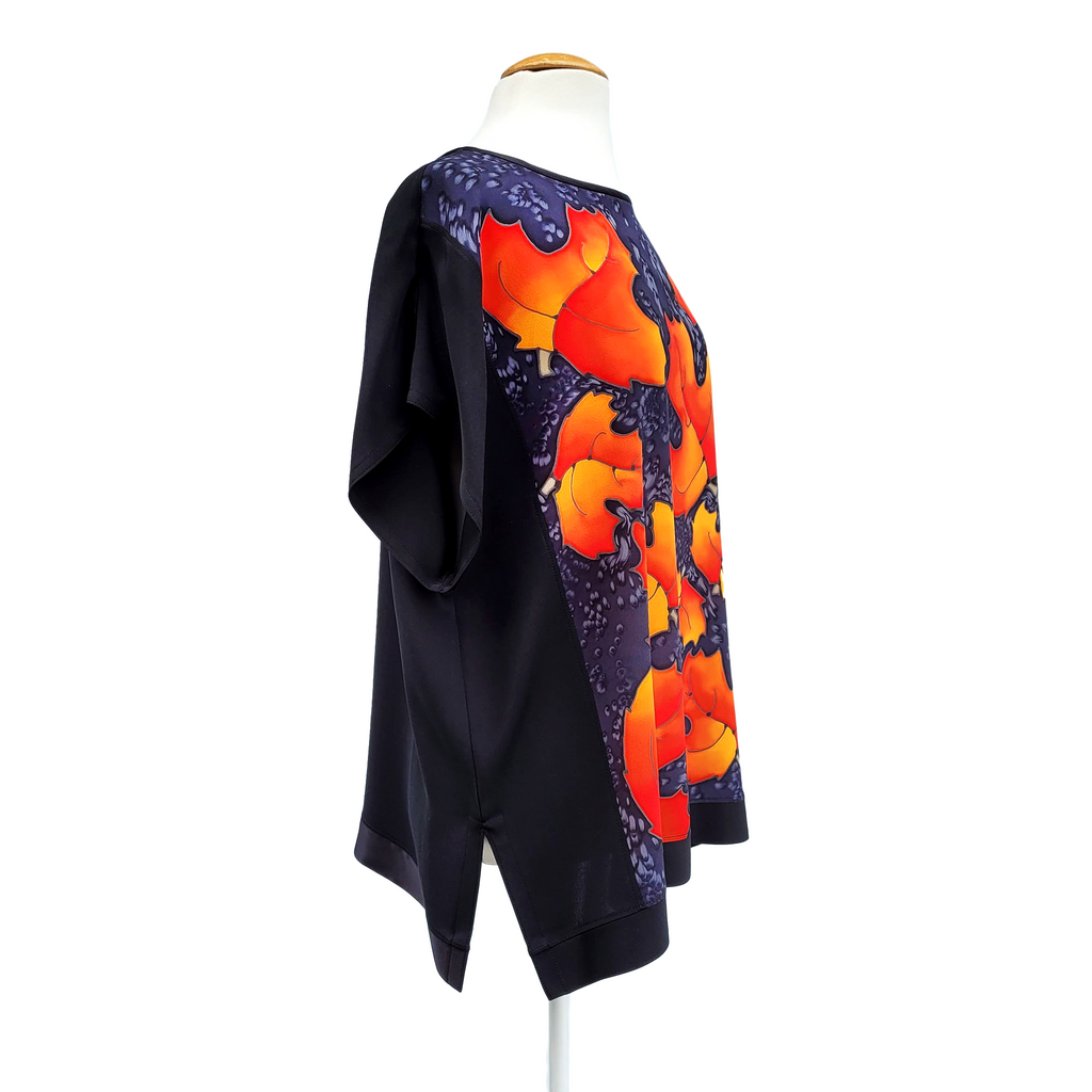 hand painted golden autumn maples leaf art design ladies top handmade by Lynne Kiel