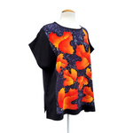 Load image into Gallery viewer, hand painted pure silk clothing golden autumn maple leaves black silk top handmade by Lynne Kiel
