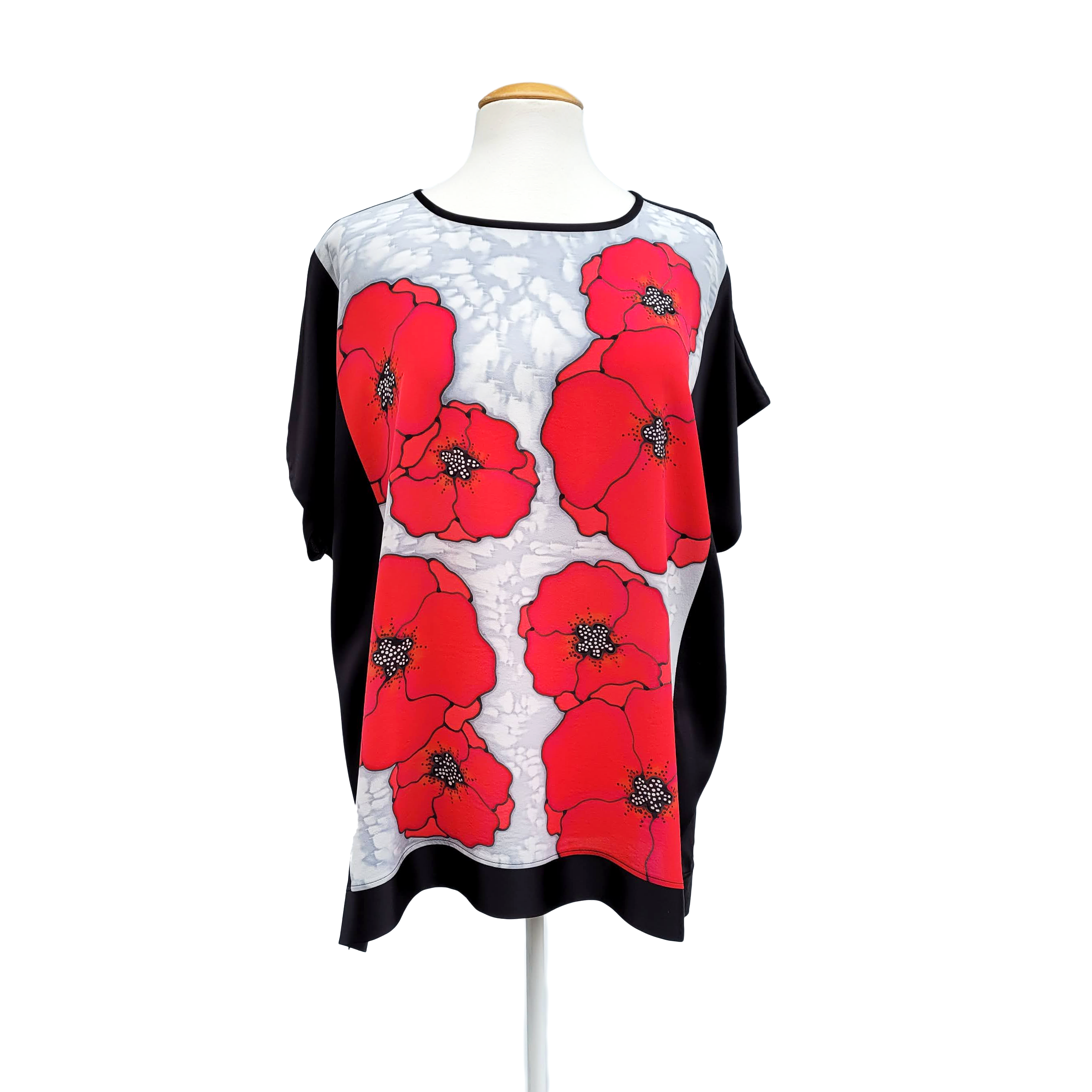extra large ladies blouse hand painted silk top red silver poppy art design handmade by Lynne Kiel