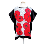 Load image into Gallery viewer, pure silk ladies clothing hand painted red poppy art design on silver and black t-top tunic blouse handmade by Lynne Kiel
