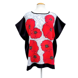 pure silk ladies clothing hand painted red poppy art design on silver and black t-top tunic blouse handmade by Lynne Kiel