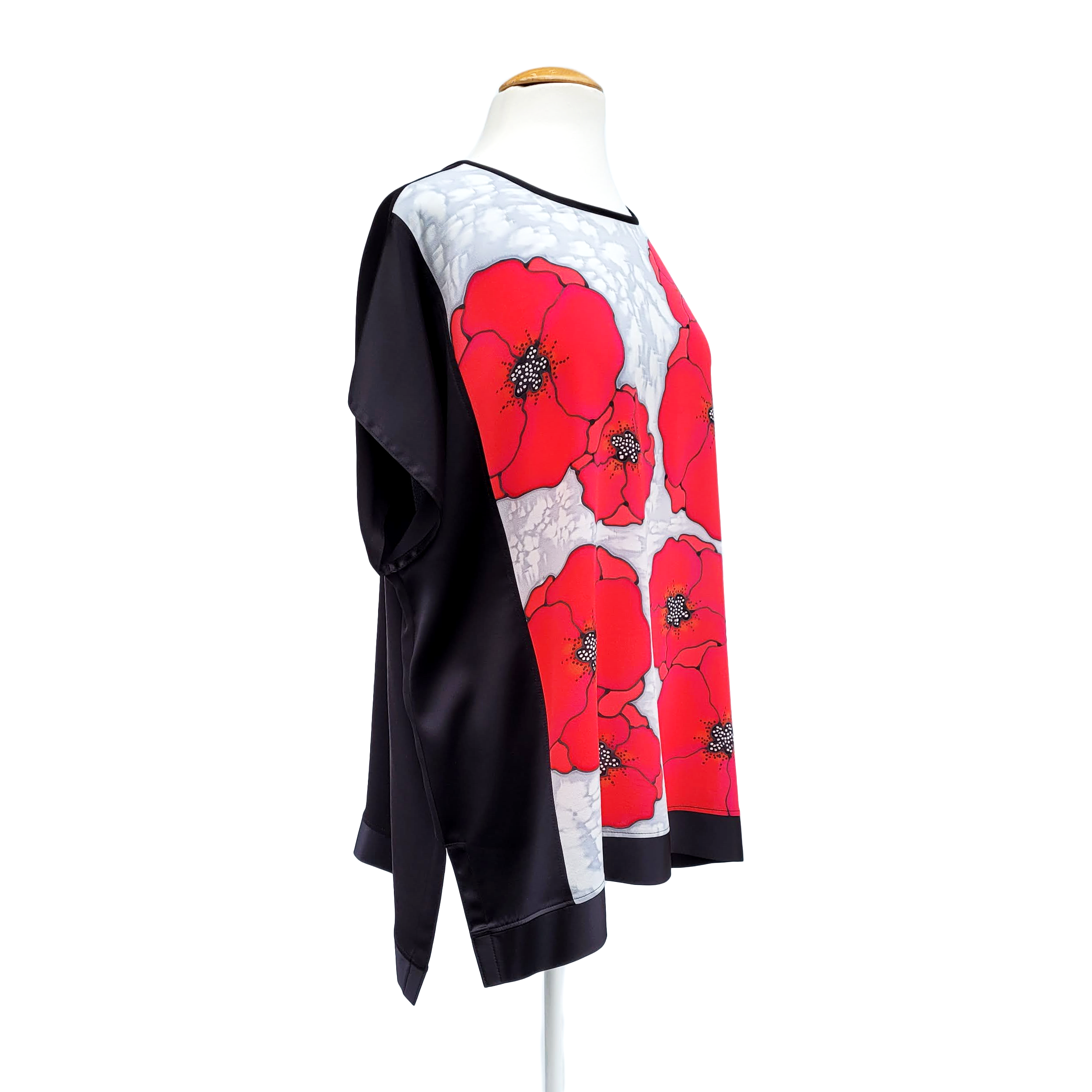 pure silk top womens clothing hand painted red silver poppy art design  t-top tunic blouse handmade by Lynne Kiel