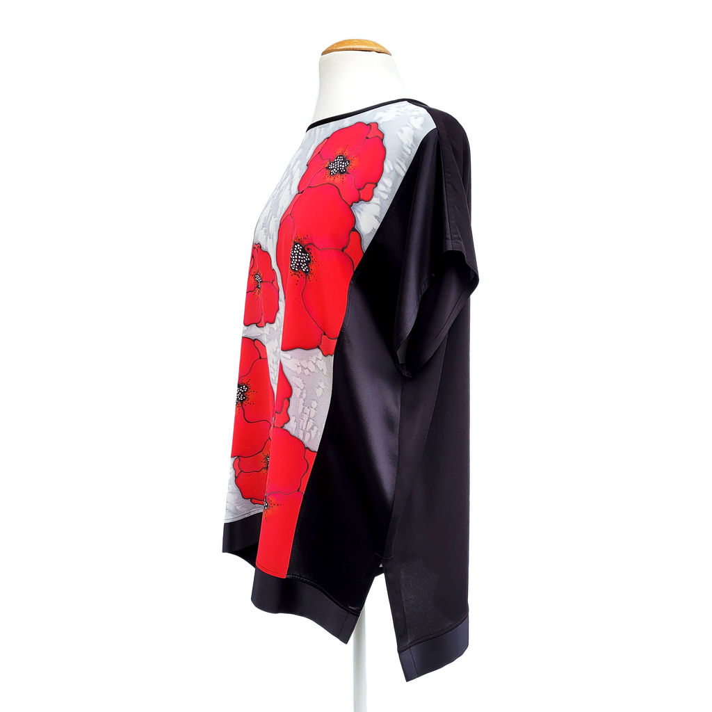 painted silk clothing womens blouse tunic red silver poppyart design handmade by Lynne Kiel