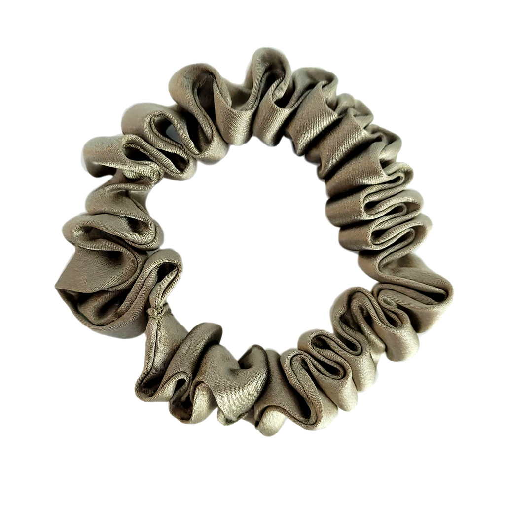 Skinny scrunchie silver beige color pure silk pony tail holder handmade by Lynne Kiel