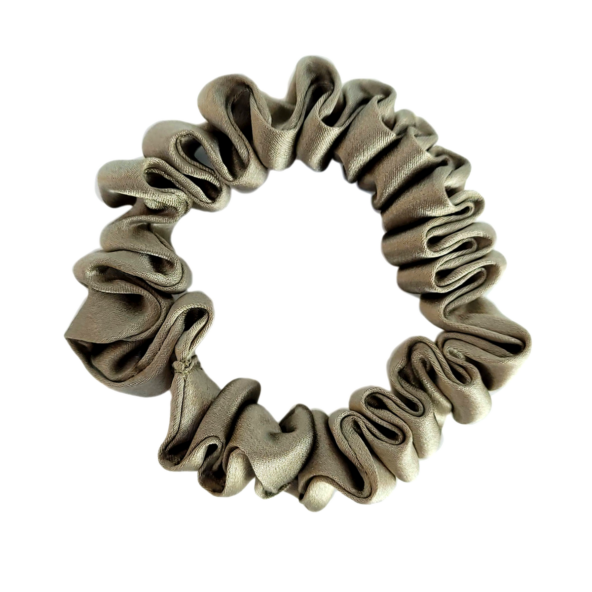 Skinny scrunchie silver beige color pure silk pony tail holder handmade by Lynne Kiel