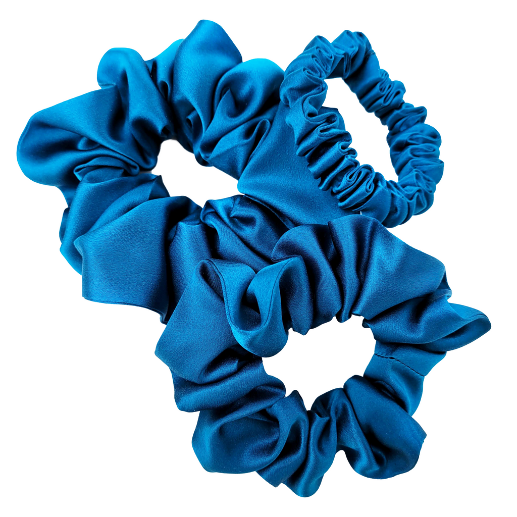 Deep blue-green Teal Pure Silk Satin  LUXURY 3 pc Scrunchie GLAM SET
