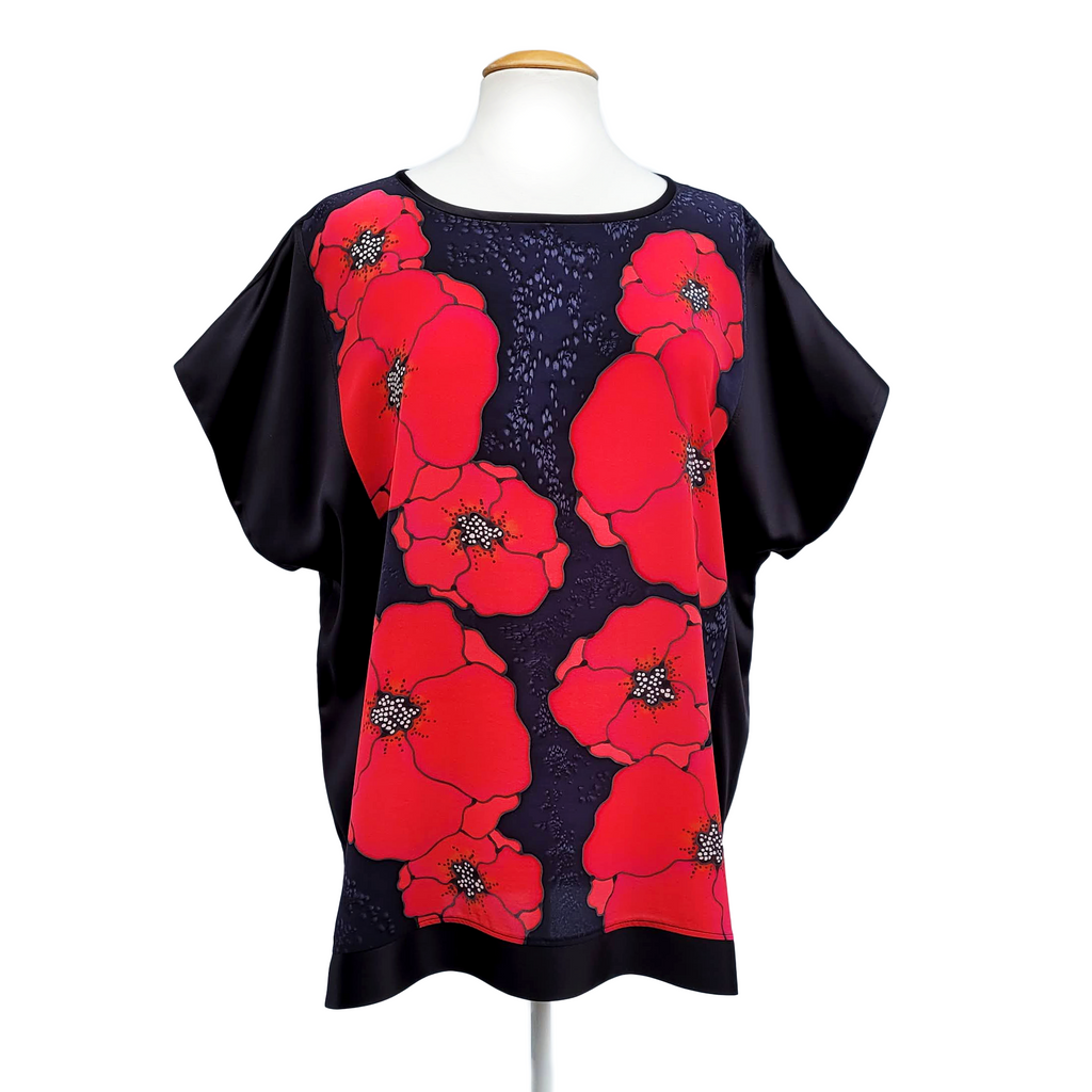 painted silk ladies clothing t-top blouse black with red poppies art design handmade in Canada by Lynne Kiel