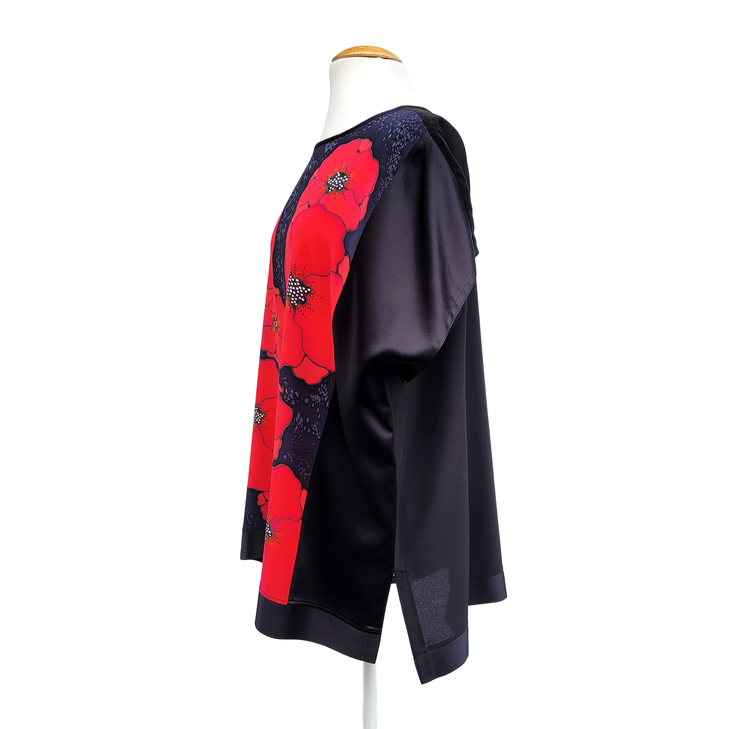 black silk ladies plus size top hand painted clothing red poppy art design handmade by Lynne Kiel