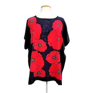 painted silk clothing womens blouse ladies top red poppies on black art design top handmade by Lynne Kiel