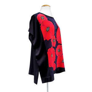 hand painted silk ladies design top red poppy art design handmade by Lynne Kiel