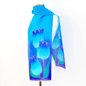 blue silk scarf hand painted tulip design made in Canada By Lynne Kiel