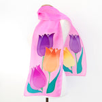Load image into Gallery viewer, pink silk scarf hand painted tulip art design handmade by Lynne Kiel
