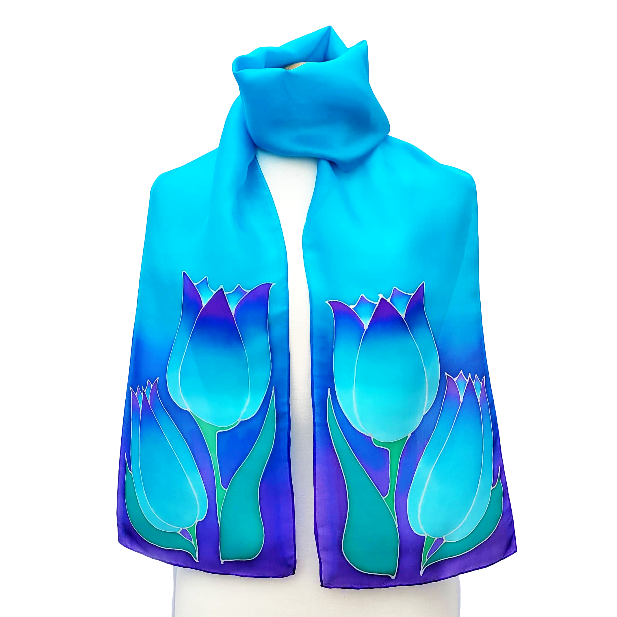 hand painted silk blue scarf ladies clothing accessory handmade by Lynne Kiel