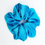 Load image into Gallery viewer, Hair accessory  ponytail tie blue silk satin scrunchie handmade in Canada by Lynne Kiel

