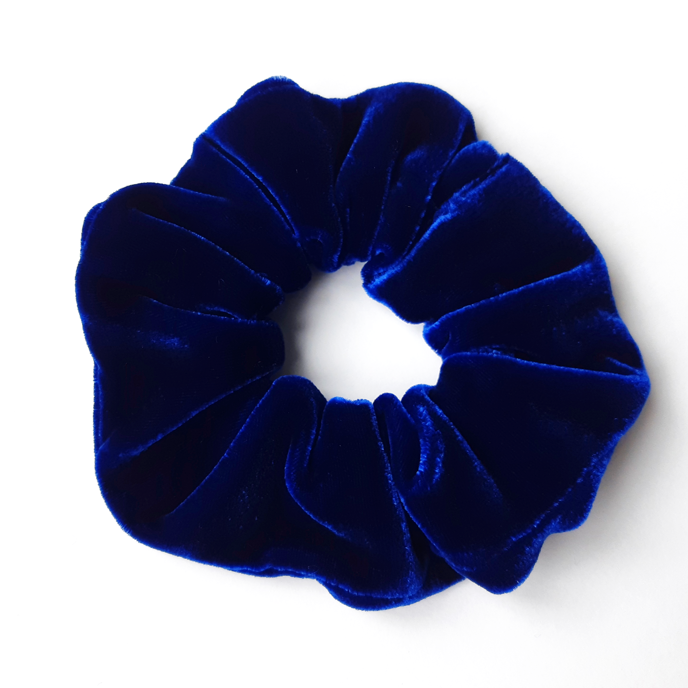 Blue Velvet scrunchie hair accessory handmade in Canada by Lynne Kiel