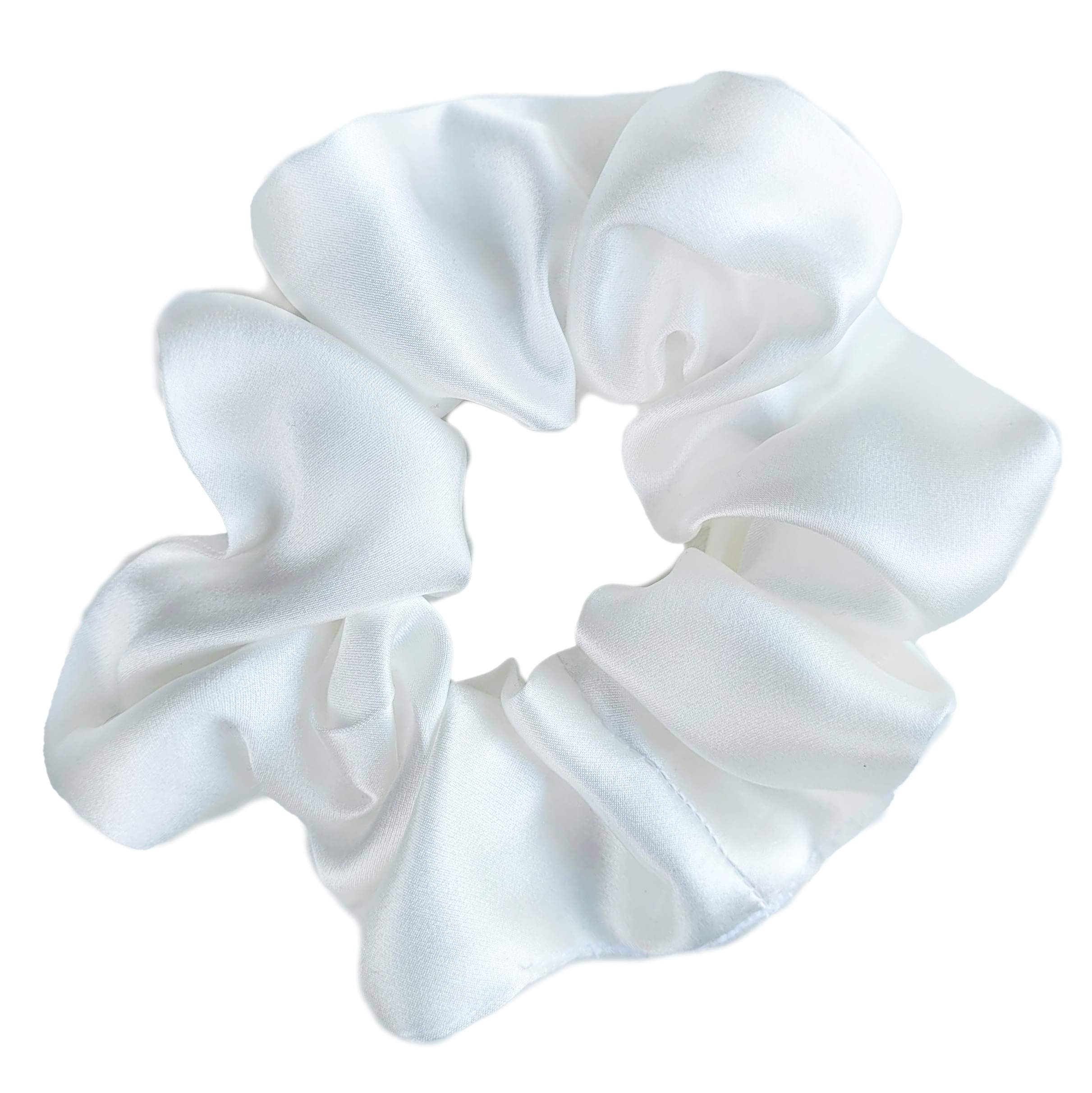 white pure silk satin medium size scrunchie hair tie ponytail holder handmade by Lynne Kiel