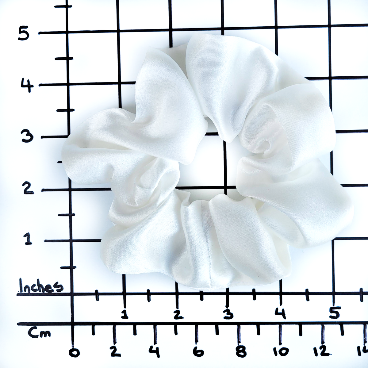 pure silk medium size white satin scrunchie handmade by Lynne Kiel
